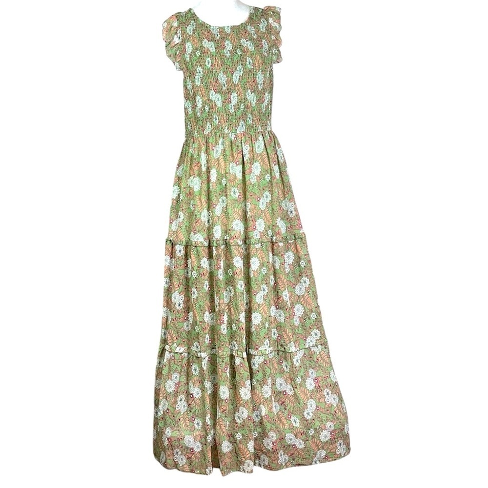 Melloday smocked tiered flutter sleeve maxi dress floral print Sz ? Green